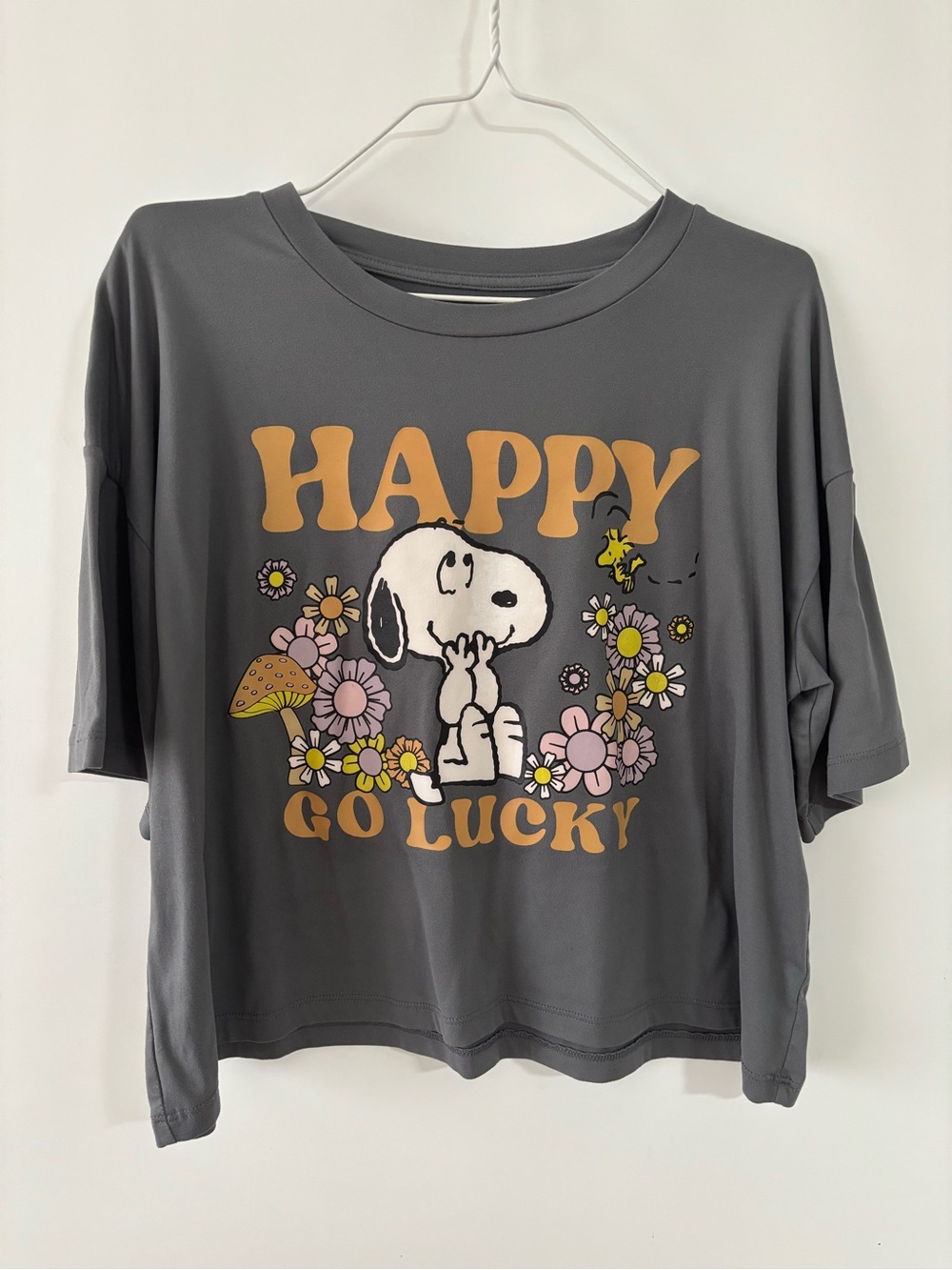 Peanuts Grey Snoopy "Happy Go Lucky" Graphic Tee